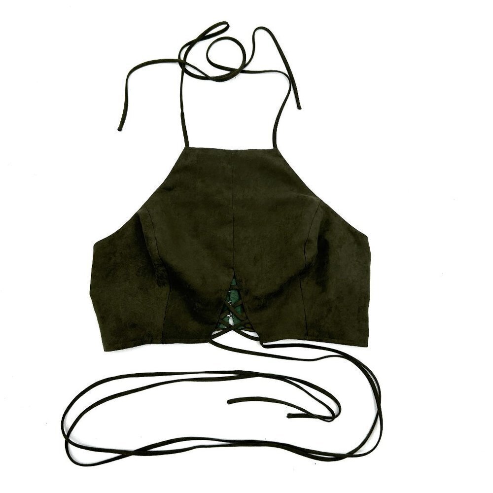 TOBI Olive Green Faux Suede Festival Halter Crop Tie Tank Top Size Large